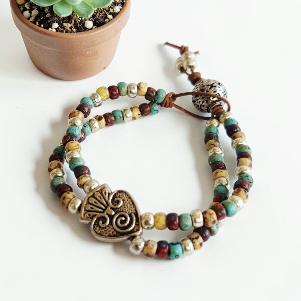Miyuki Picasso Seed Bead Double Leather Wrap Bracelet